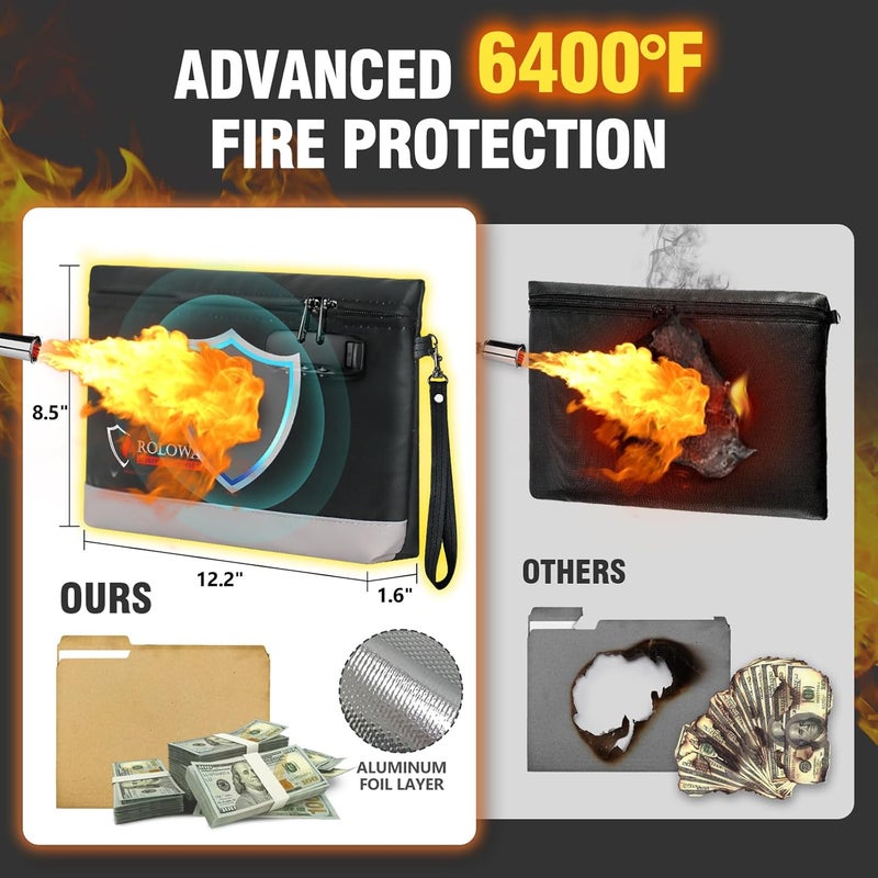 ROLOWAY Fireproof Money Bag with Lock for Cash, 6400°F Fire Proof Document Bag (12.2 x 8.5 x 1.6 inches), Money Pouch with Zipper (Black) - Image 4